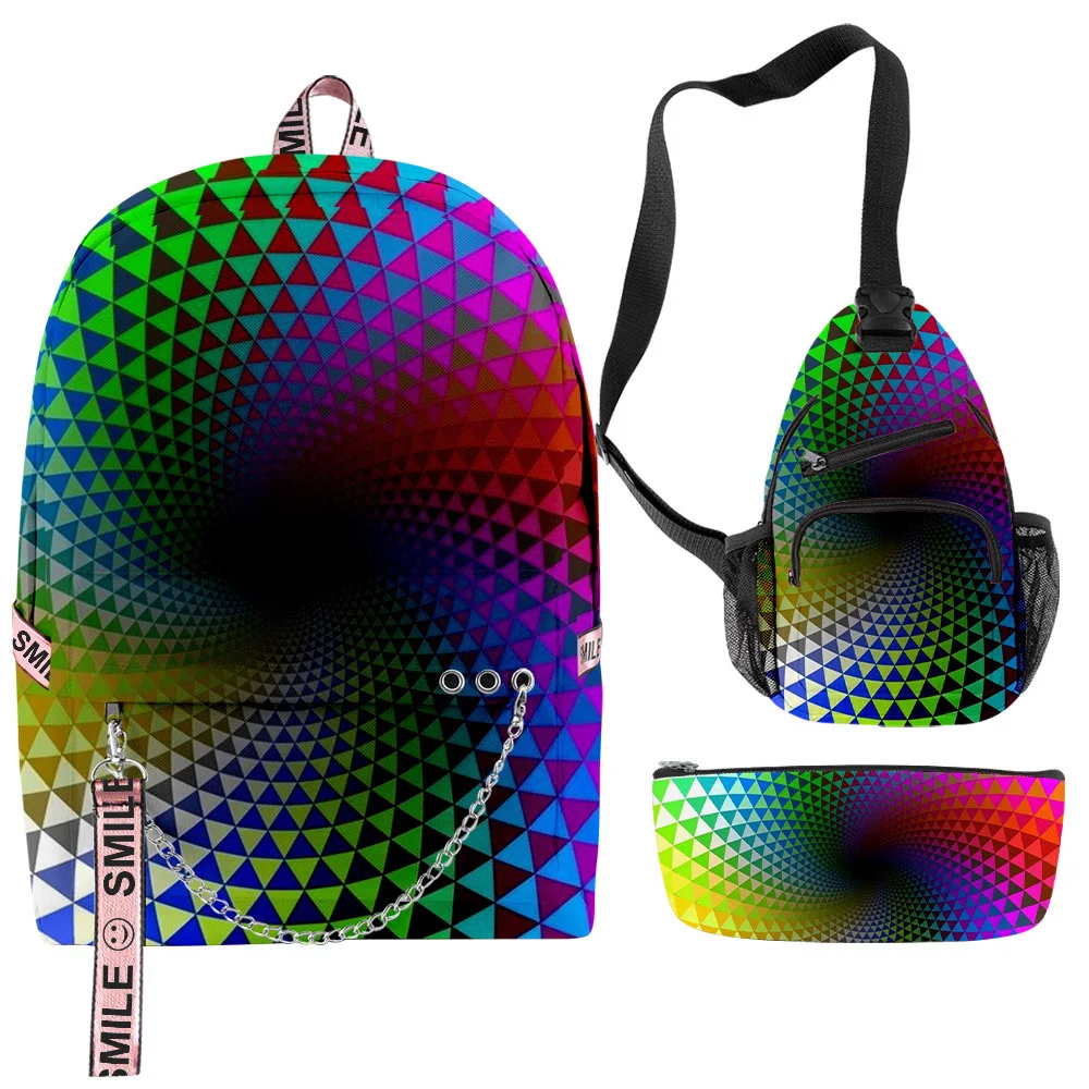Youthful Creative color blocking 3pcs/Set Backpacks 3D Print Oxford Notebook multifunction Backpack Chest Bag Pencil Case