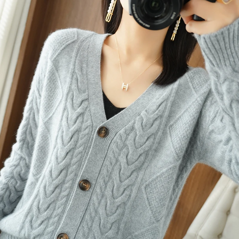 Cashmere Sweater Women New Knit Coat 2024 Spring High-End Large Size Female Jacket Warm Tops 100%Pure Wool Cardigan Twist Shirt