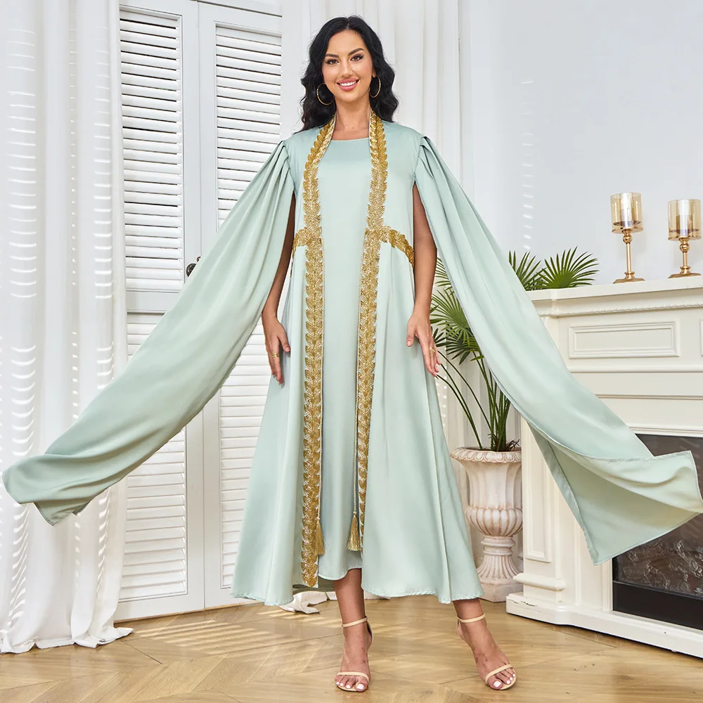 Arab Morocco Muslim Dress Abaya Women embroidery maxi Abayas Dubai Turkey Islam Heavy Beaded Cardigan Two-Piece Set  MT305