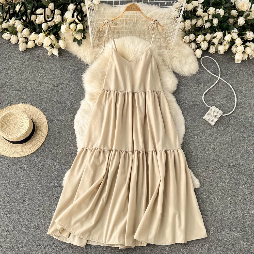 

WAKUTA Summe Vintage Sleeveless Cake Dress Female Solid Strap Long Dresses Vestidos Korean Style Simple Casual Beach Sundress