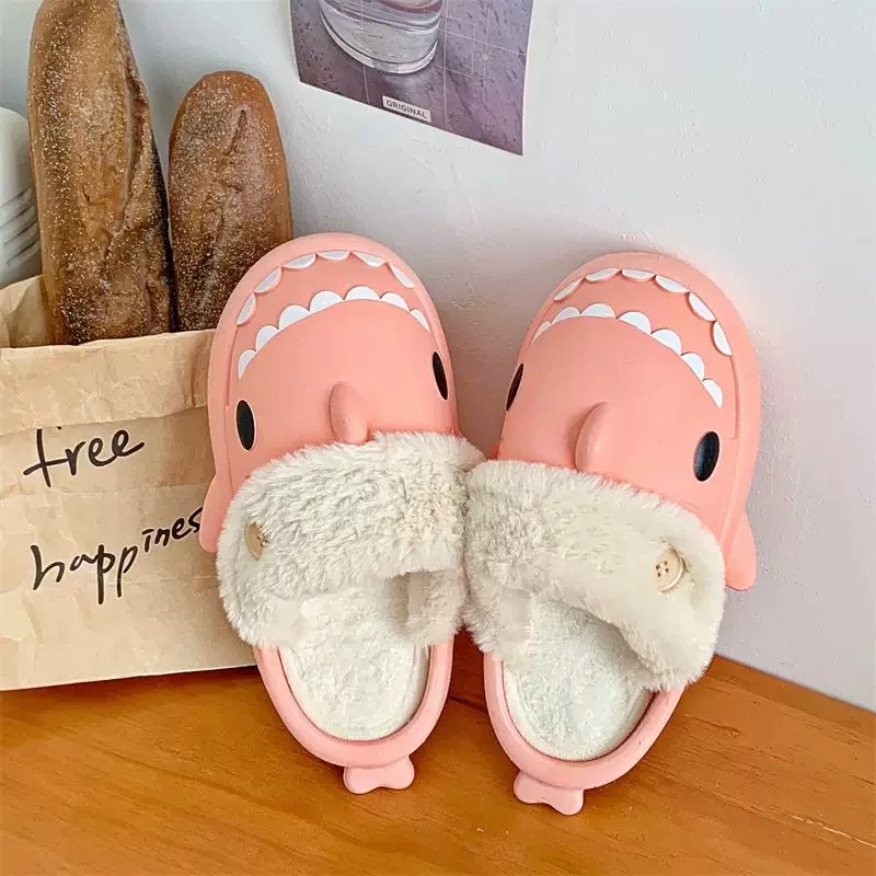 Haai Katoenen Slippers Vrouw Waterdicht Winter Indoor Non-Slip Glijbanen Haai Slippers Pluche Warm Paar Huis Sandalen Platte Schoen