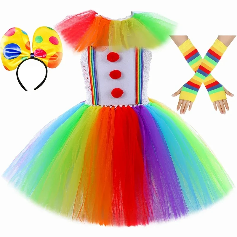 Fun Clown Themed Clothes for Kids on Halloween,Carnival Party Outfits, Cute Rainbow Mesh Tulle Tutu Dress Sets for Little Girls
