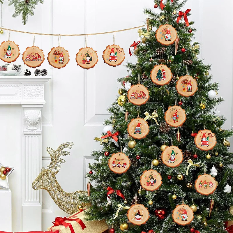12/24Pcs Christmas Wooden Ornament Santa Claus Rustic Wood Slice New Year Home Decoration Xmas Tree Hanging Pendant Gift Favor