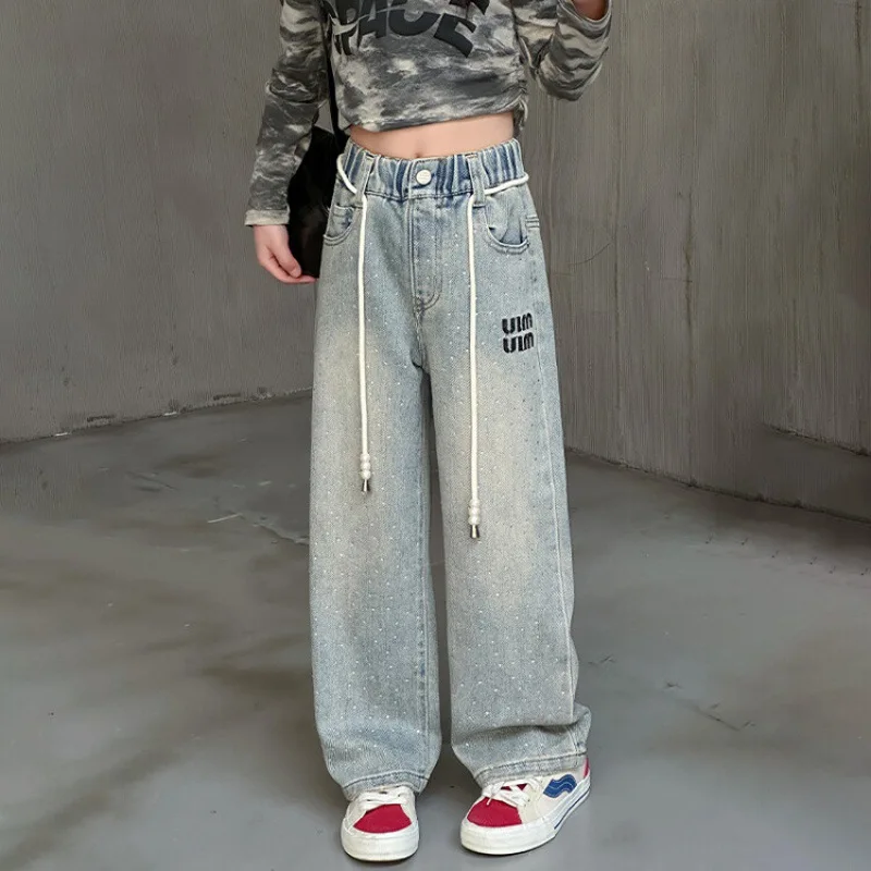 Girl\'s Hot Diamond Embroidered Jeans 2024 Spring Children Kids Wide Leg Pants Korean Edition Loose Trousers for Girls 120-170cm