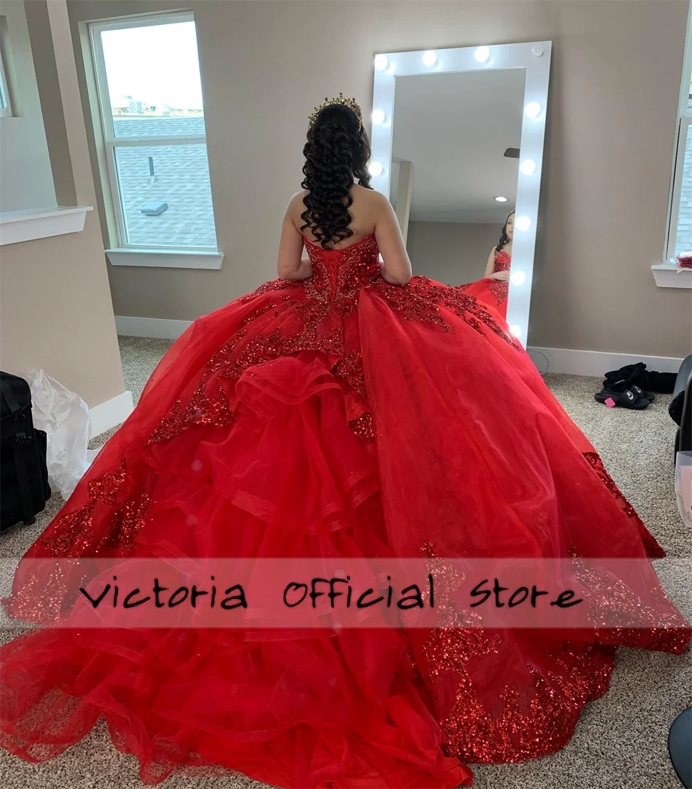 Princess Red Ruffles Sequined Appliques Ball Gown Quinceanera Dresses 2024 With Half Sleeves Mexican Sweet 15 16 Dress vestidos