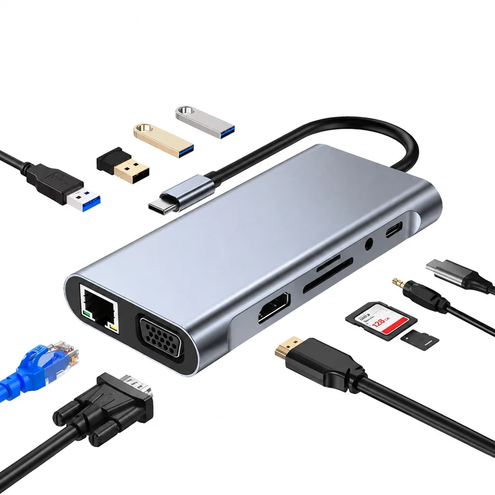 Type C to HDMI-compatible USB 3.0 Adapter 11 in 1 Type C HUB Dock USB C Splitter