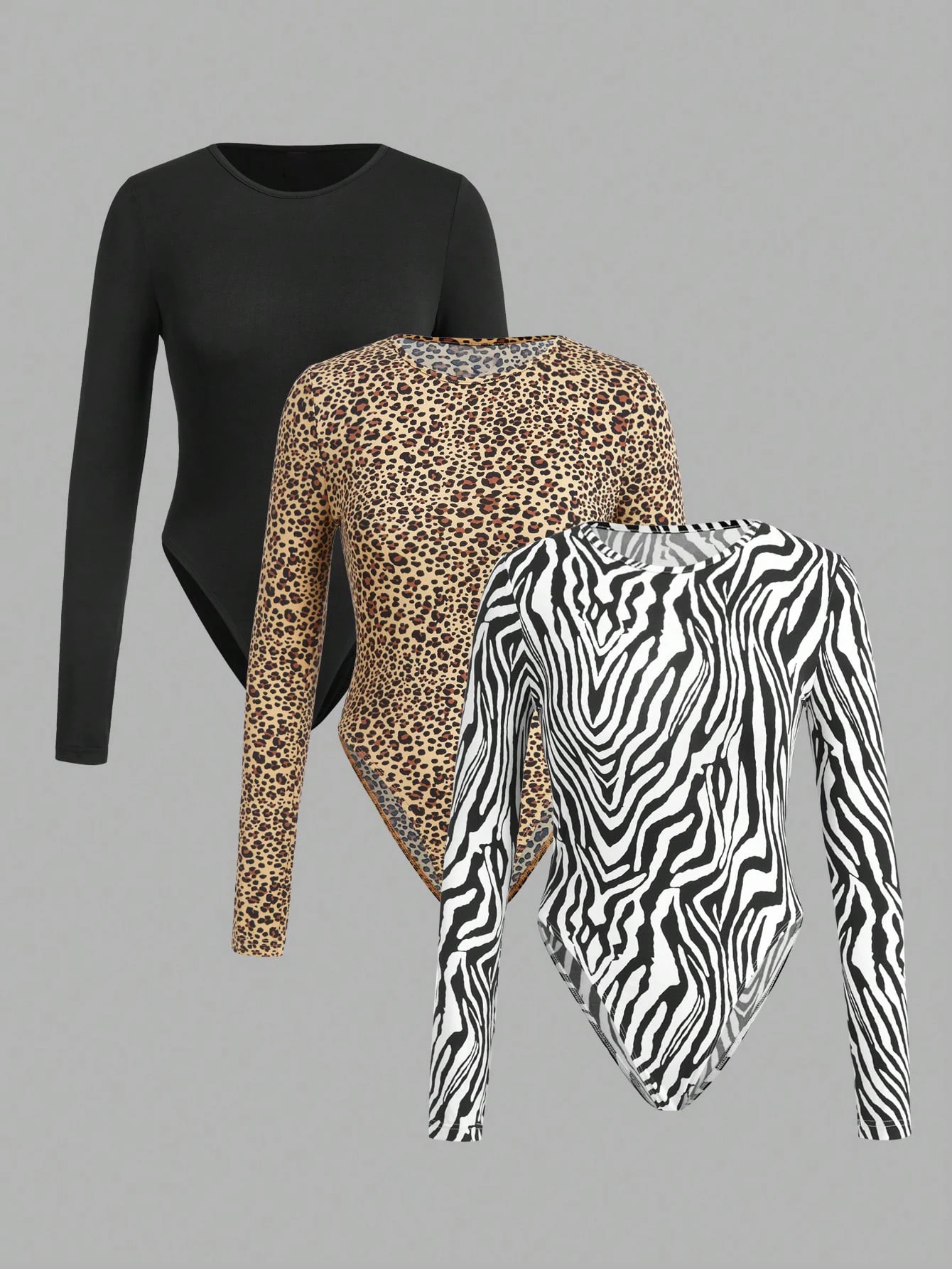 

European and American autumn and winter solid color leopard print zebra print combination casual tights tops three-piece set