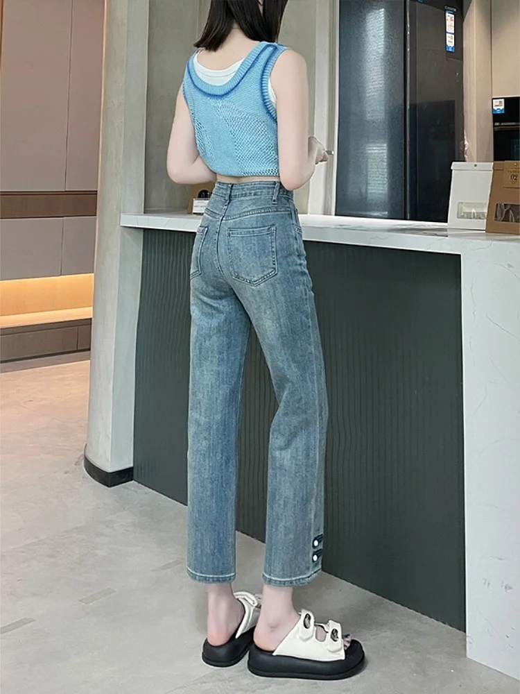 High Waist Nine-Tenths Jeans Women's Summer Thin New Sle Small Size Slimming Chinese Sle Button Straight Leg Trendy
