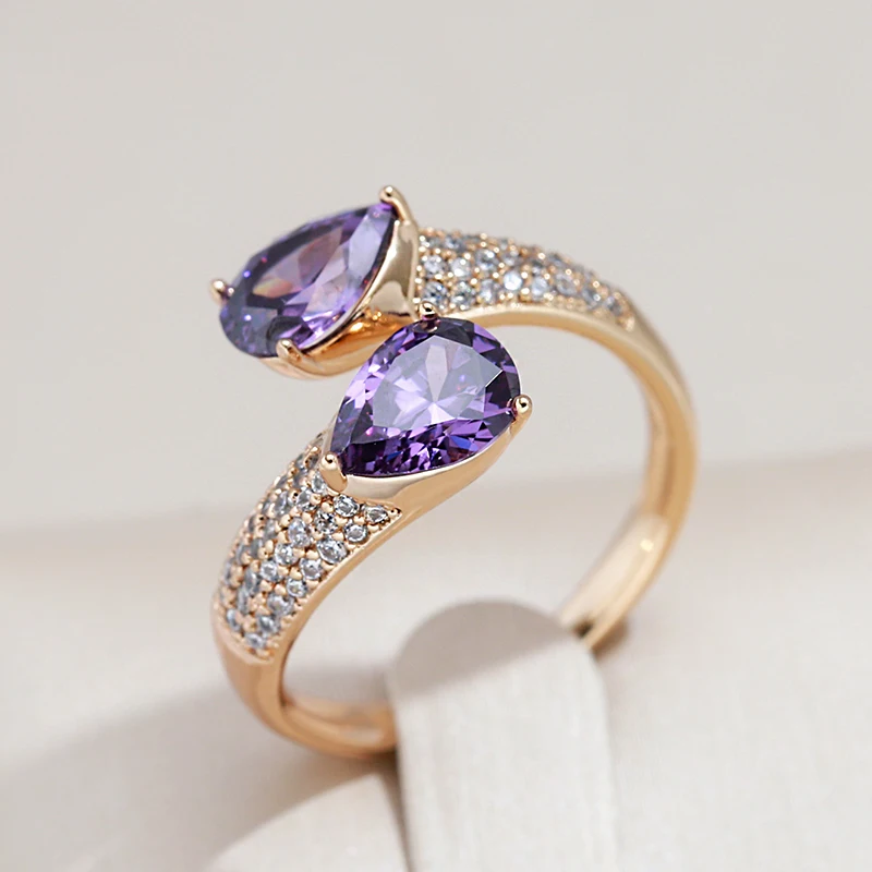 Kinel Hot Luxury Purple Natural Zircon Ring For Women 585 Rose Gold Color Open Ring Vintage Wedding Daily Fine Jewelry