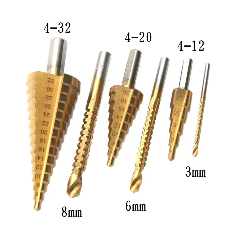 6Pcs HSS Set di punte per trapano a gradino in acciaio al titanio 4-12/20/32mm taglierina per fori in metallo cono di legno nucleo di perforazione foro per sega strumento Twist Saw Drill