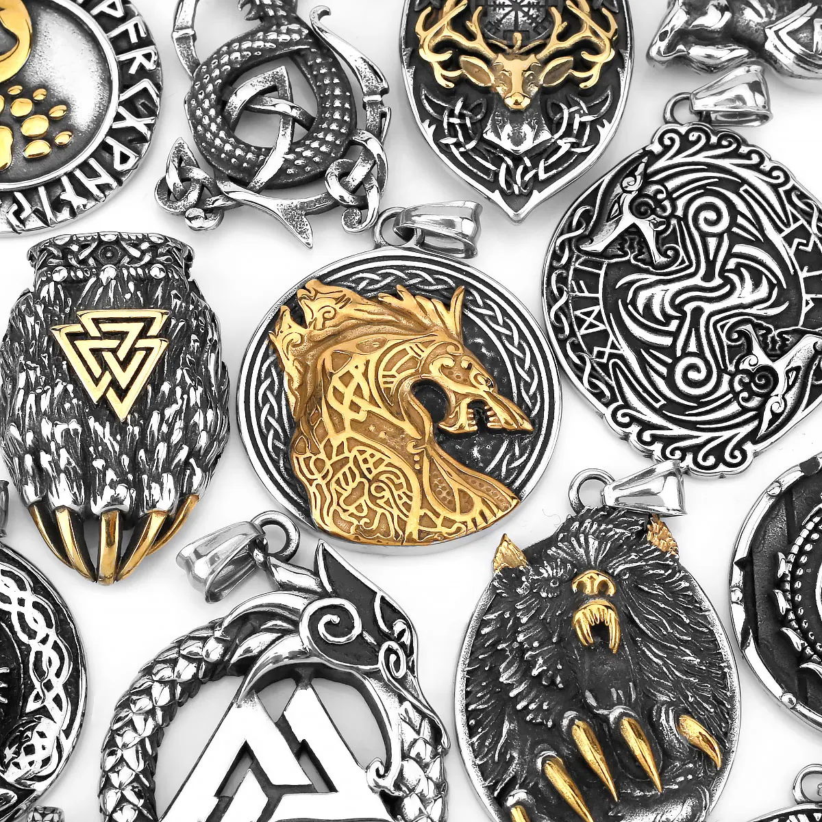 Stainless Steel Dragon Punk Necklace Amulet Celtic Three Sheep Bear Snake Totem Viking Pendant Men\'s Charm Necklace Jewelry Gift