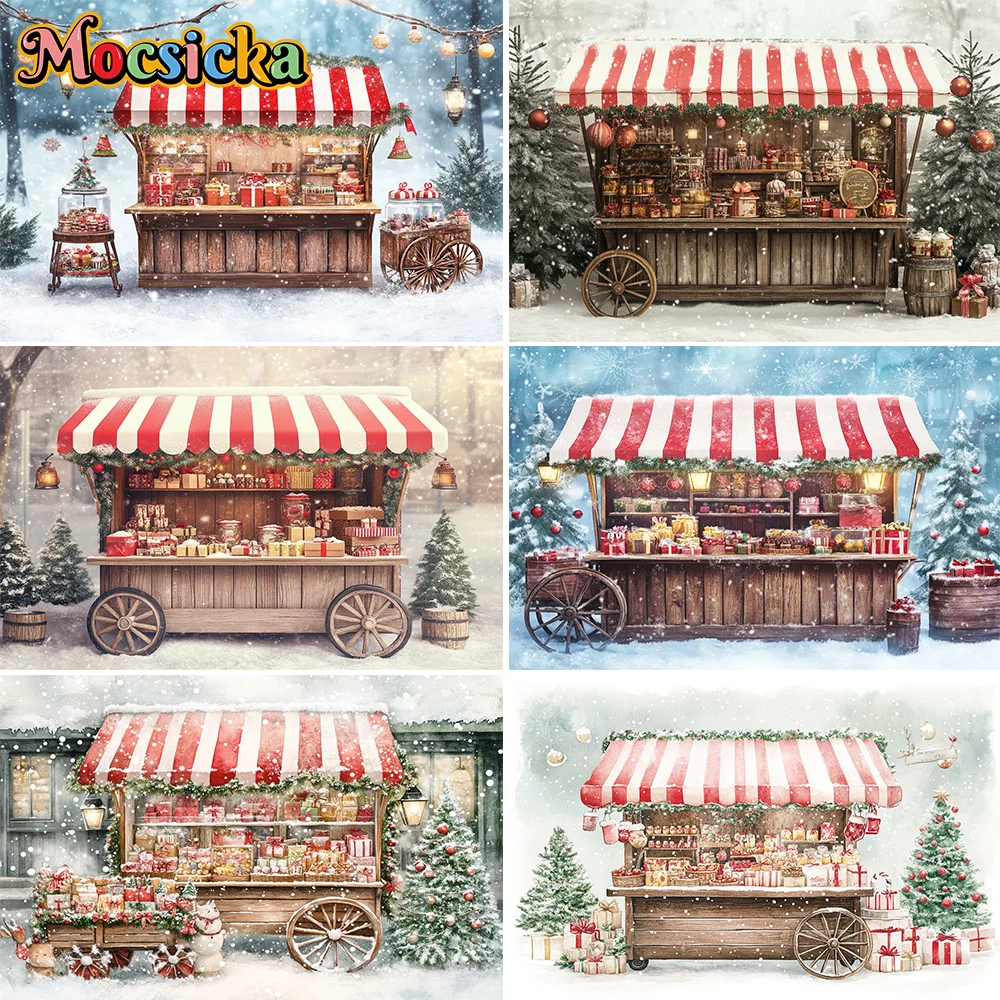 

Snowy Cozy Hot Cocoa Cart Backdrops Kids Adult Photography Snowflake Forest Santa Goods Stall Truck Backgrounds ﻿