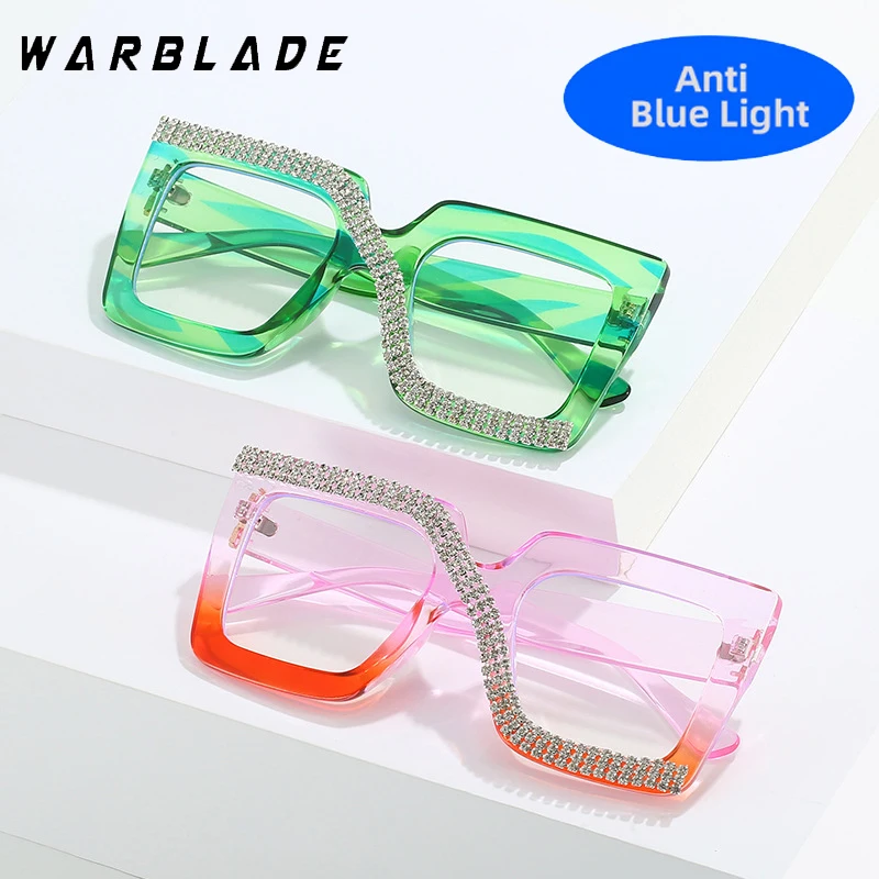 2025 Diamond Anti Blue Light Glasses For Women Square Oversized Black Ladies Optical Glasses Frame Clear Lens Female Eyeglasses
