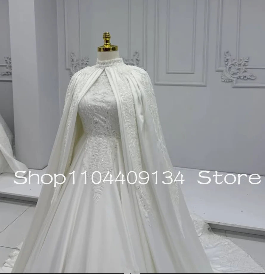 ชุดแต่งงานเจ้าหญิงมุสลิมสุดหรู พร้อมผ้าคลุมไหล่ คอสูง แขนยาว แบบคาฟตัน สำหรับเจ้าสาว ชุดงานแต่งในสวน ตัดเย็บตามสั่ง