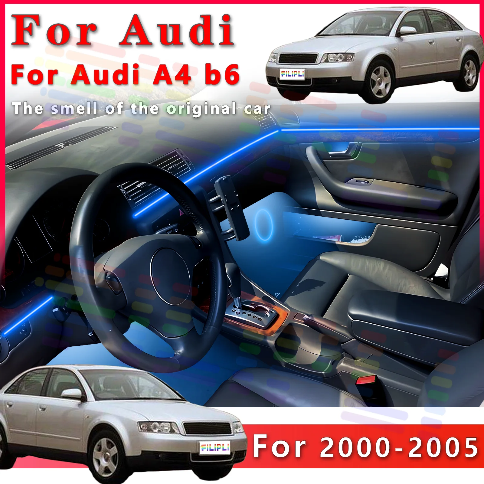 

For Audi A4 B6 2000-2005 Car Interior RGB LED Atmosphere Light Strip Fiber Optic Neon Invisible Ambient Lamp APP Decoration Trim