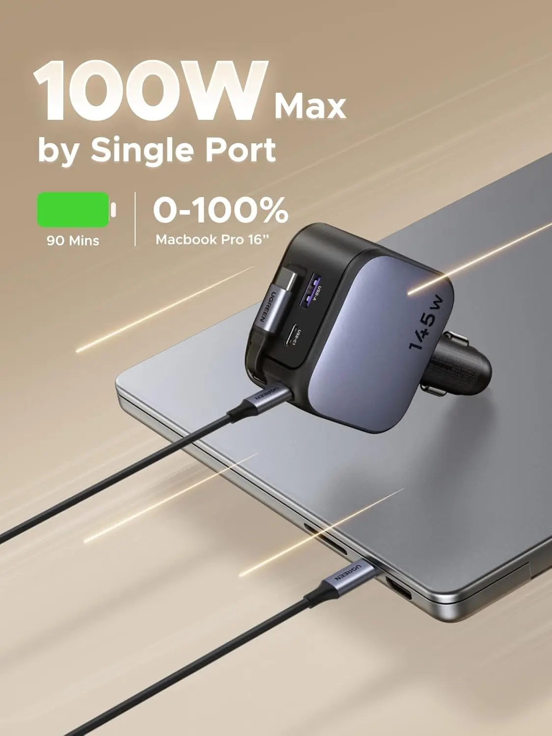 UGREEN 145W 3C1A شاحن سيارة قابل للسحب، شاحن هاتف السيارة USB C شحن سريع مع كابل من النوع C #1