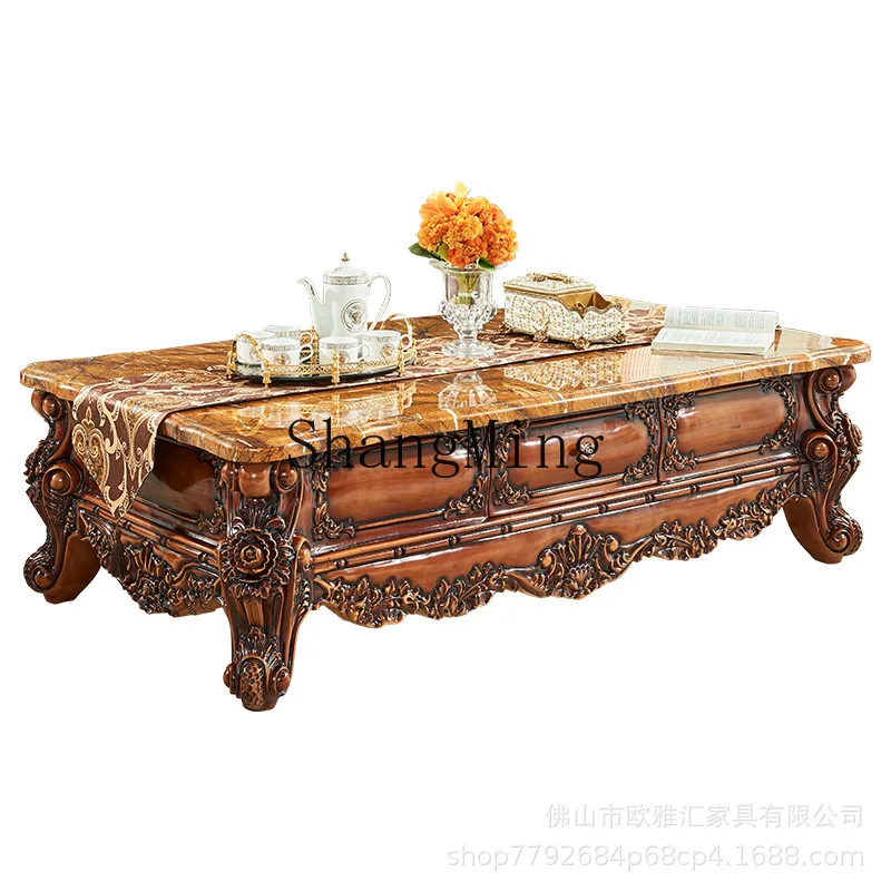 CL villa full solid wood carving flower tea table square cornerluxury marble surface coffee table TV cabinet
