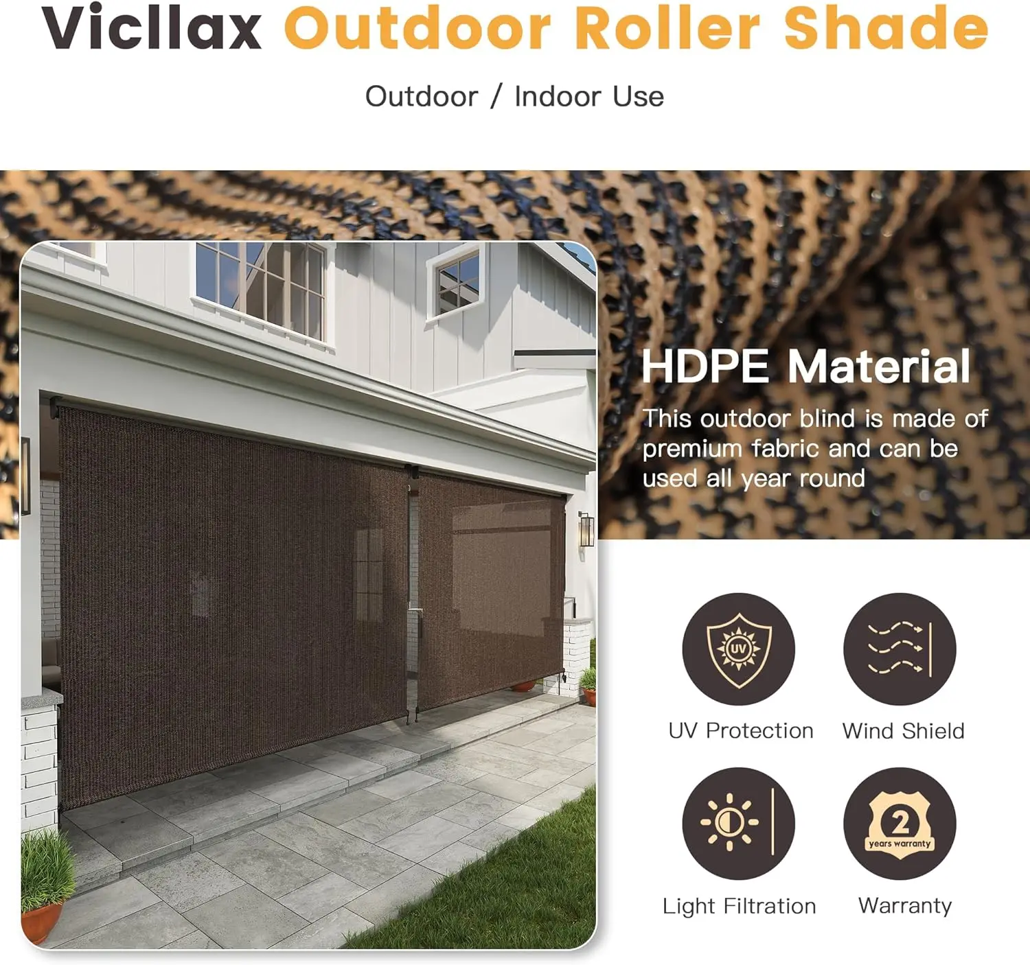 Outdoor Patio, Porch, Gazebo Use, Mocha-colored Cordless Roller Shade with Spliced Design