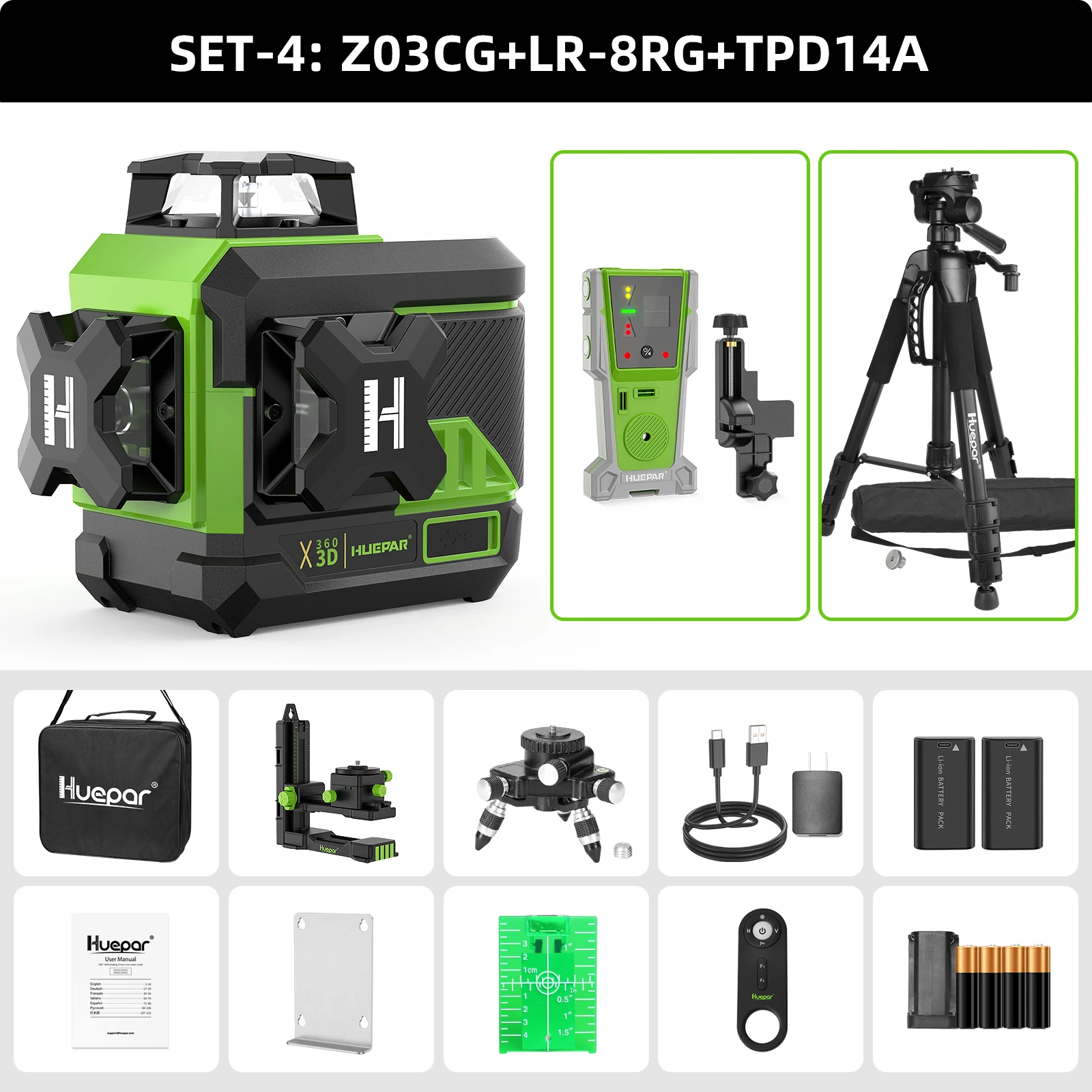Huepar 3D kruislijnlaser 360 °   12-lijnen Osram zelfnivellerende laserwaterpasinstrumenten met LCD-scherm, Bluetooth en 2x batterijen