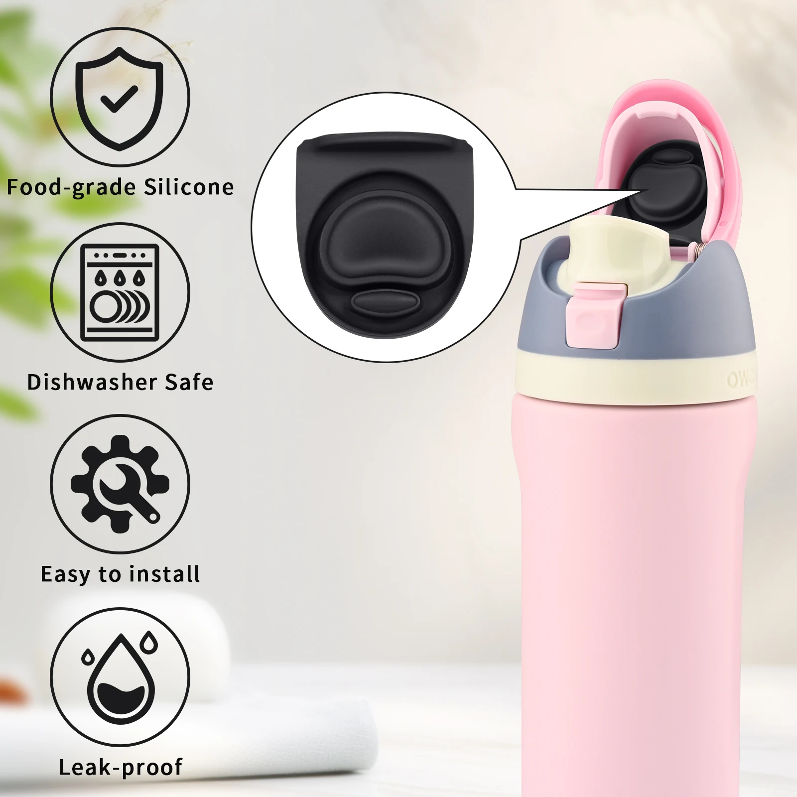 1-6 Stück Wasserflaschen-Deckel Ersatz für Owala FreeSip 16/19/24/25/32/40 oz Flasche, auslaufsicherer Silikonverschluss, Wasserbecher-Dichtung – Detail 5