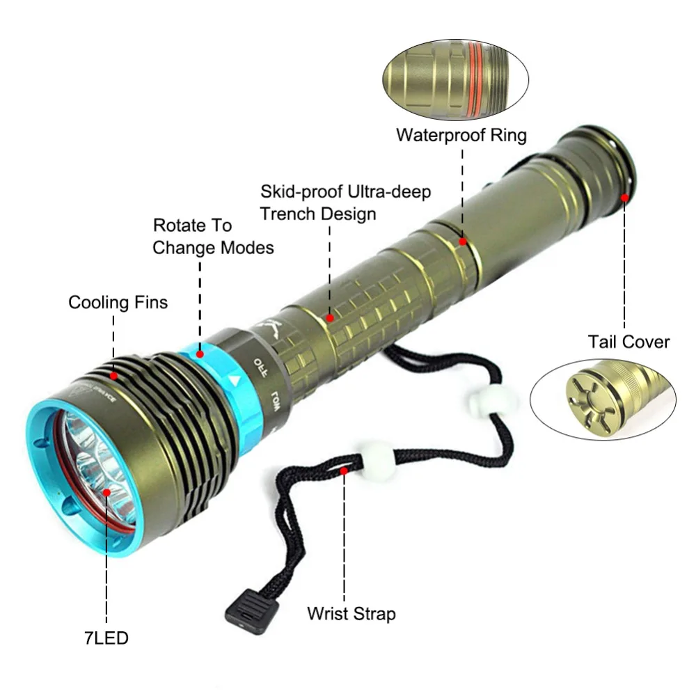 Imagem -04 - Funnydeer-lanterna de Mergulho Luz de Mergulho Lâmpada Ipx8 Impermeável Interruptor Rotativo Alcance de 500m Tocha Dx7 100m t6 l2 Led 7000lm