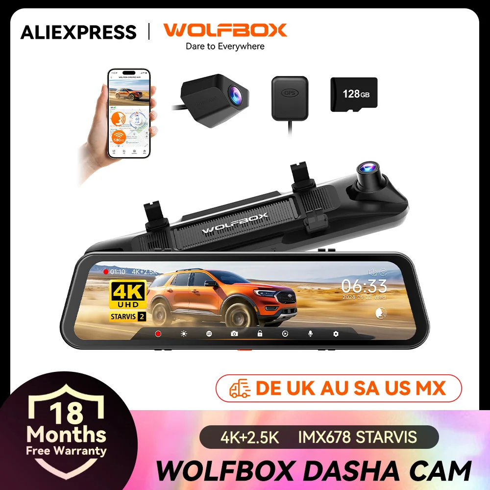 WOLFBOX STARVIS 2 IMX678 Dash Cam 4K+2.5K Car DVR  Voice Control 5GHZ WI-FI and GPS Video Recorder  Front and rear camera