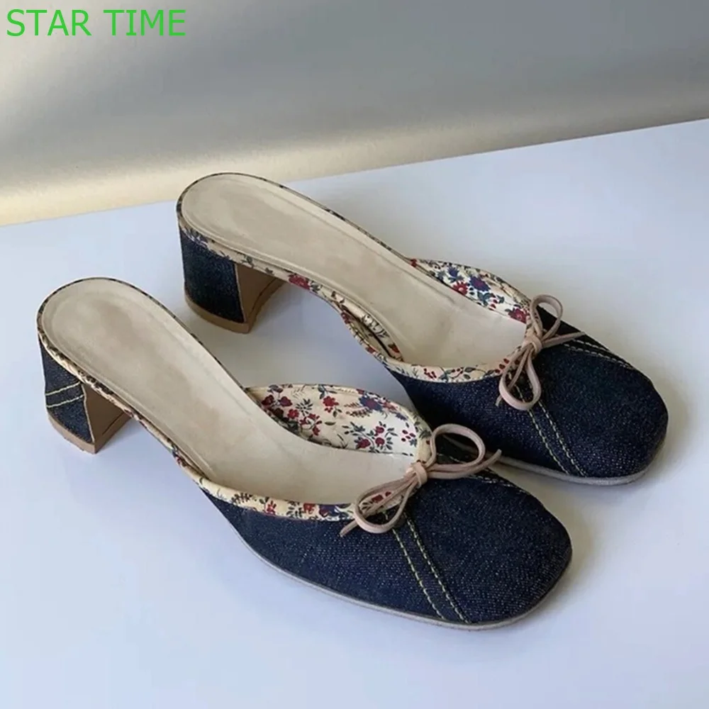 

Denim Butterfly Knot Outdoor Slides 2024 Summer New Square Toe Shallow Thick Heel Slip On Casual Slippers Fashion Women Slippers