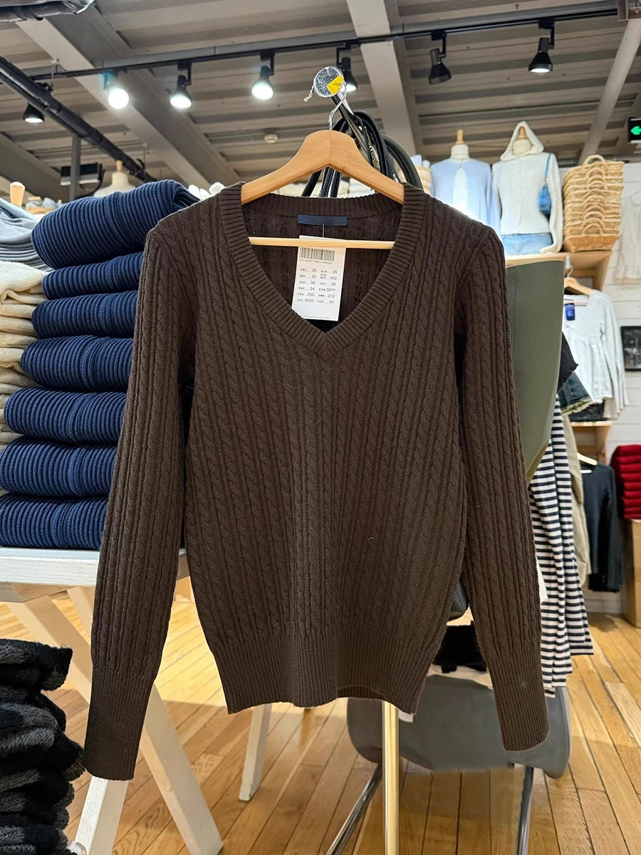 

Тонкий свитер с витым цветком, женский весенний коричневый хлопковый джемпер с v-образным вырезом и длинными рукавами, американский винтажный повседневный милый пуловер, топы