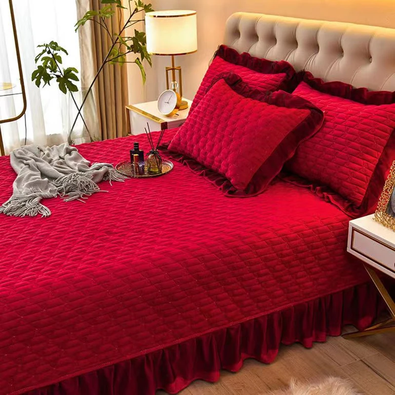 3Pcs Bedspread Pillowcase Thickened Bed Cover Crystal Velvet Lace Quilted Non Slip Sheet Blanket Single And Double Bed Skirt