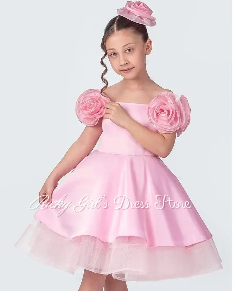 Satin Tulle Knee Length Pink Flower Girls Dress With Flower Sleeves For Wedding Ceremonies Formal Receptions Party Customized