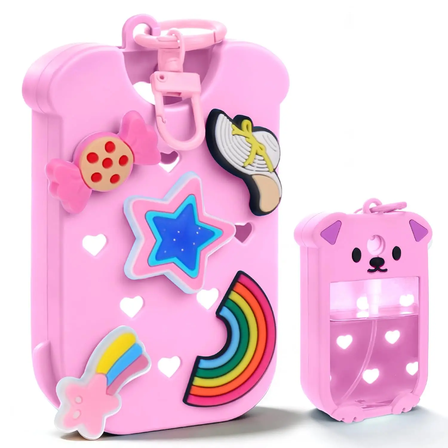 Hand Sanitizer Spray Case Compatible With Touchland, Cute Silicone Hand Sanitizer Holder Keychain with 4 Charms, Portable Refill