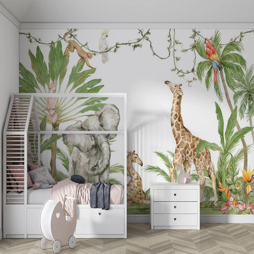 

Customized 3D Tropical Forest Giraffe Elephant Living Room Bedroom Wallpaper