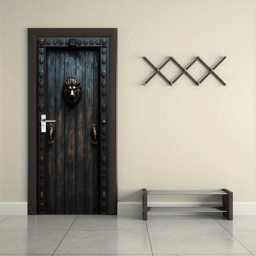 2pcs Retro Lion Head Decorative Door Wall Stickers, 3D Simulation Wooden Door Effect Stickers, Living Room Entrances, Bedroom Ba