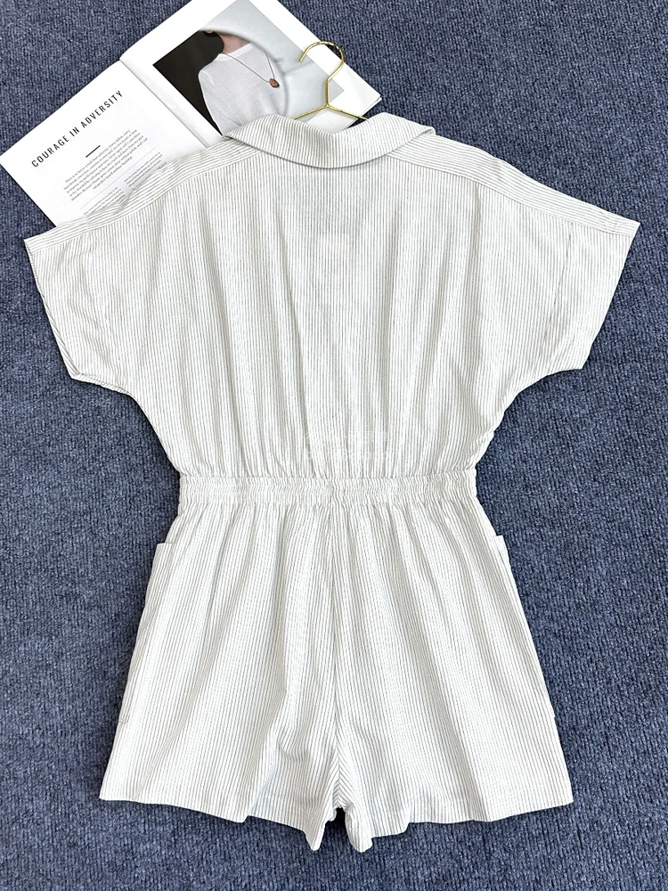 SadiSag 70 جمبسوت قطني مخطط بأزرار وخصر ort Sve Rer عالي الخصر غير رسمي للنساء