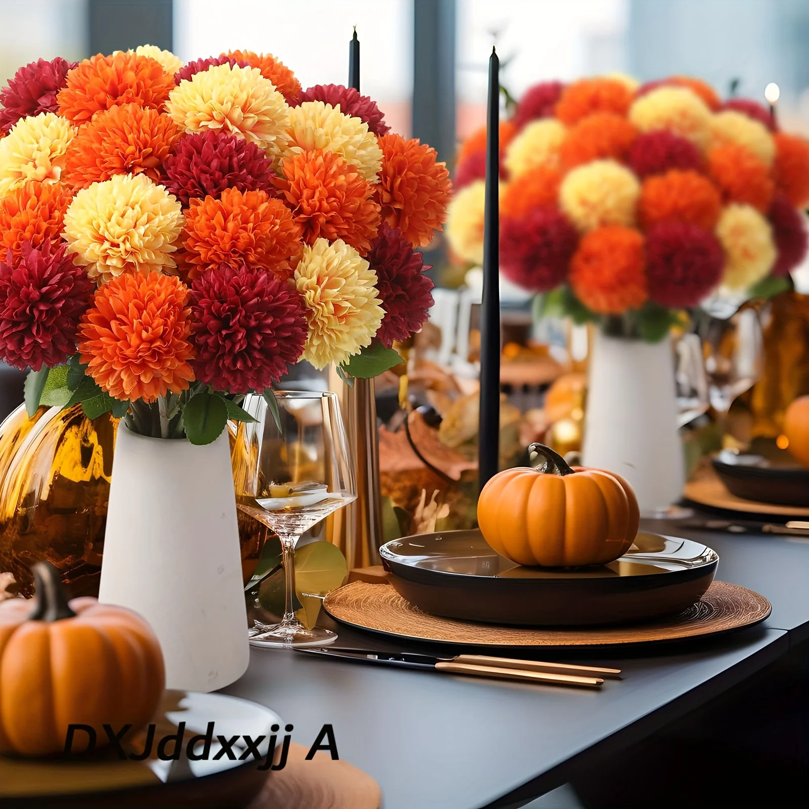 10/18 Seiden-/Kunststoff-Chrysanthemen (ohne Vase) – realistisch und farbenfroh (Orange, Rot, Gelb). Bouquets aus Ringelblumen und Chrysanthemen, geeignet für Hochzeiten, Halloween, Weihnachten, Herbsttischdekorationen – Detail 2