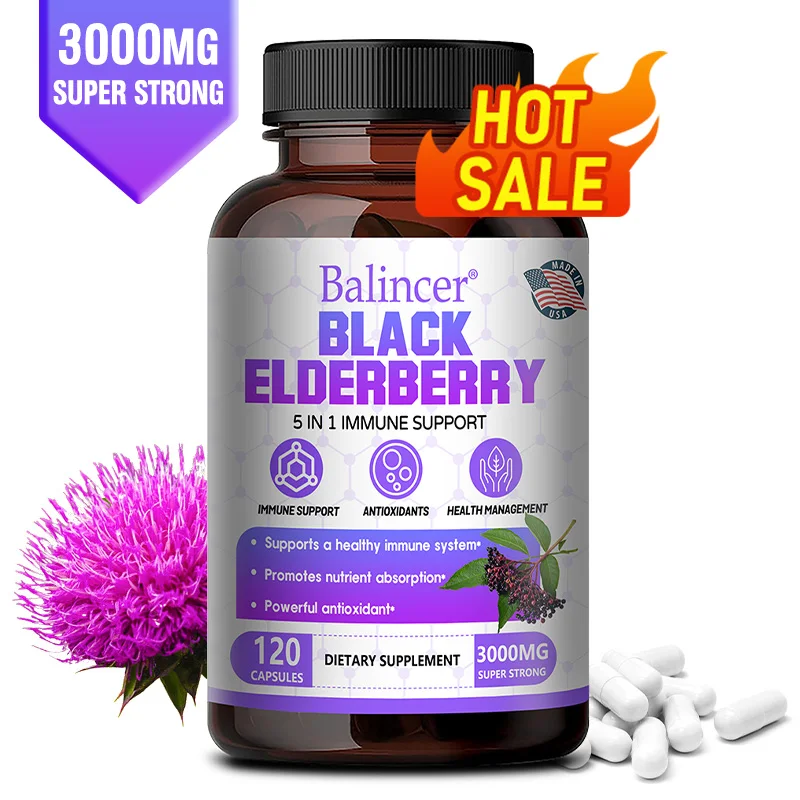 

Black Elderberry Capsules - Milk Thistle Quercetin Vitamin C Zinc, Immune System, Nutrient Absorption & Antioxidant Support