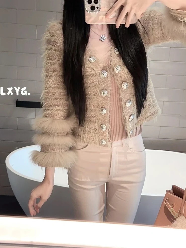   Fur Tassel Knitted Open Cardigan Short Style Women's Outerwear Soft French Style Light Luxury V-neck Button Clo... view 3