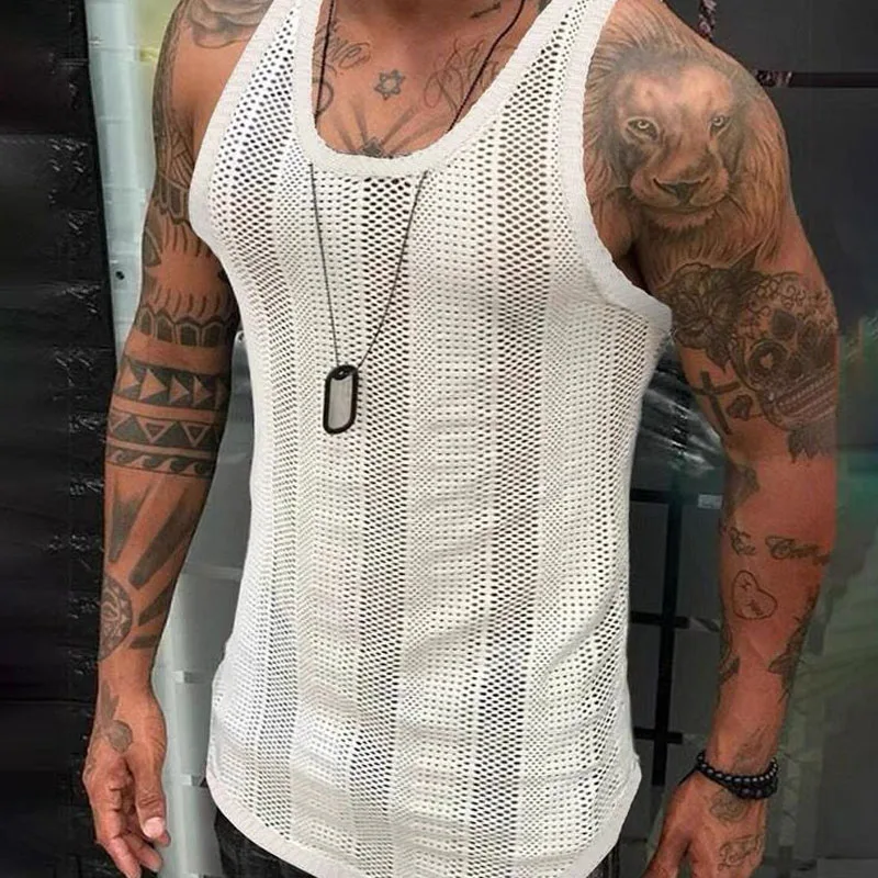 American Style New Men's Clothing Summer Solid Color Hollow Out Sleeveless Men's Knitting Breathable Grid Mesh Motion Tank Tops
