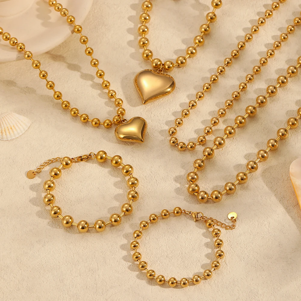 6/8mm Stainless Steel Ball Bead Necklaces For Women Men Gold/Silver Color Metal Fat Peach Heart Pendant Jewelry
