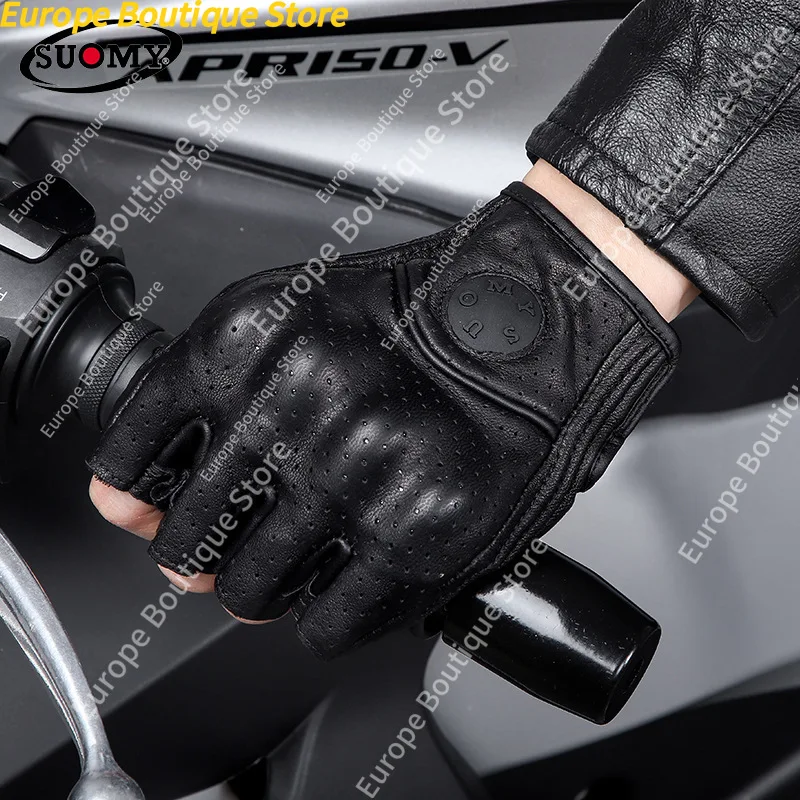 Half Finger Motorcycle Gloves Genuine Leather Summer Retro Anti Fall Breathable Riding Gear For Men Women view 3