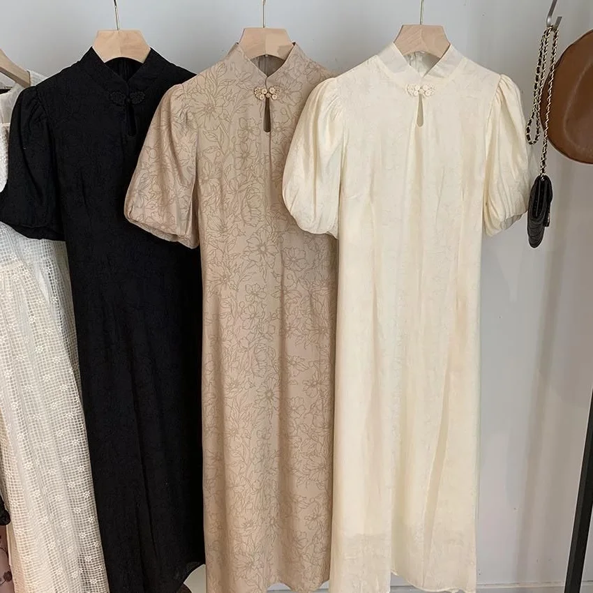 

plus Size 300 Pounds New Chinese Style Short Sleeve Dress Women Summer Meat Covering Flower Bud Sleeve National Sty...