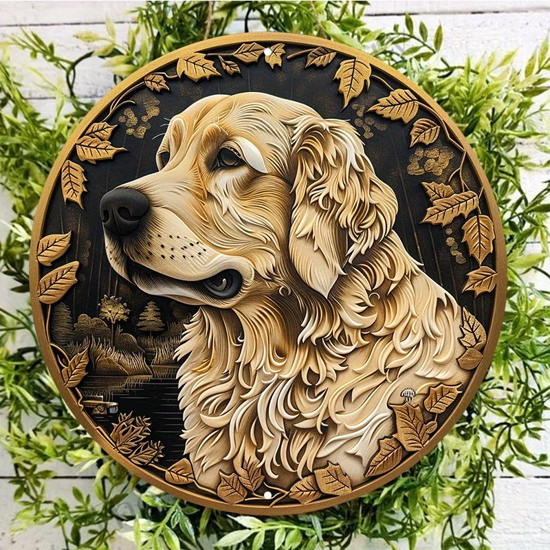 Golden Retriever Aluminum Metal Wall Sign, Round, Waterproof, Outdoor, Indoor Decor, Durable, Weather Resistant, Door Hanger