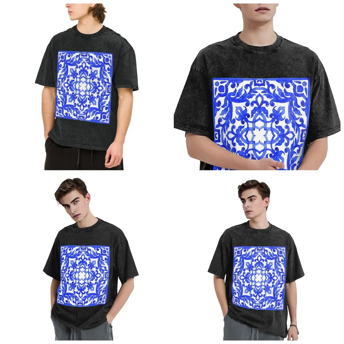Streetwear T-Shirts Portuguese Azulejo Tiles Washed T Shirt Short Sleeve Hip Hop T-Shirt Tops Tees for Men Women
