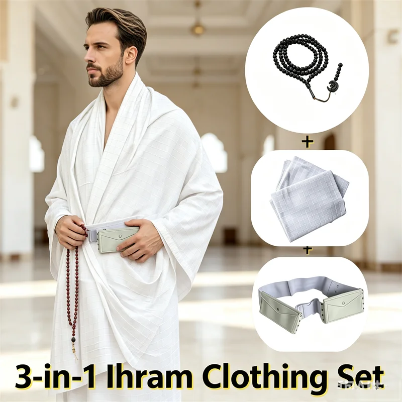 Muslim Men Ihram Hajj Umrah Suit White Grid Pilgrimage Towel Shawl Tasbih Prayer Beads Bag Islamic Ramadan Worship Jubba Thobe