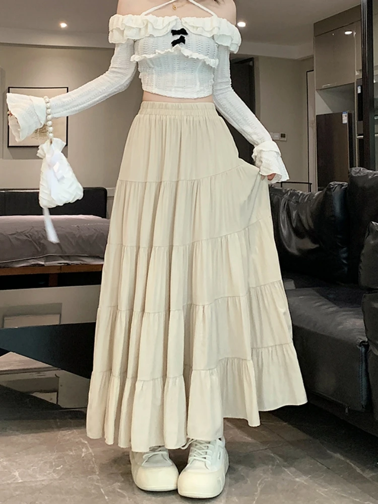 

Qiukichonson Apricot Maxi Long Skirts Womens Black Skirt Spring Summer Korea Style High Waisted A-Line Ruffle Pleated Skirt rok