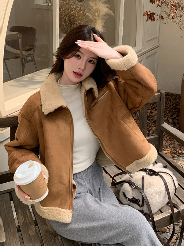 Damski płaszcz Thiened ort z futra jagnięcego, casualowy, ciepły, skórzano-futrzany płaszcz z kapturem na jesień i zimę.