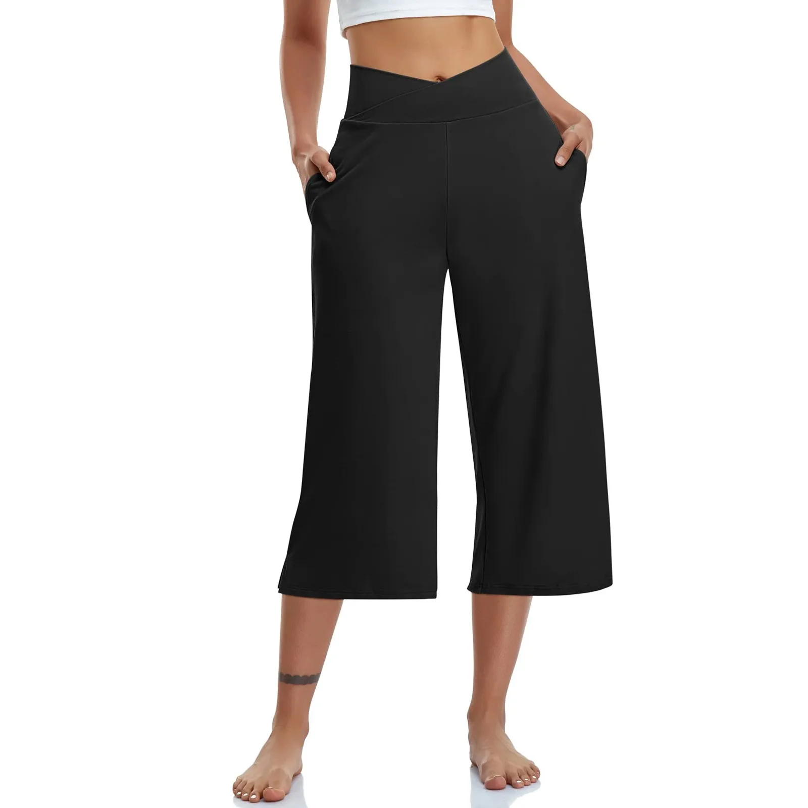 2024 Spring and Summer Women Elastic High Waist 3/4 Pant Solid Casual Active Fit Wide Capris Leg Pants Trousers With Pockets