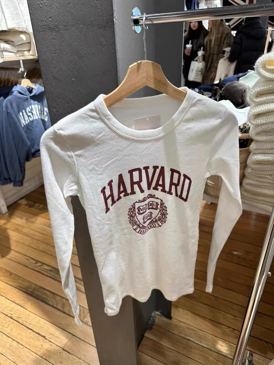 

Y2K Red Letter Print O-neck Long Sleeve Tees Women New Cotton Soft Casual Streetwear White Tops Female Sweet Cute Chic T-shirts