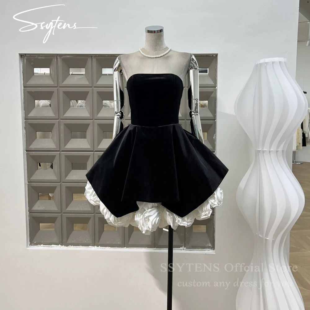 

SSYTENS Sexy Mini Party Dresses White Puffy 3D Flowers Prom Gown Robe De Soirée Femme Black Velvet Homecoming Dresses Customized