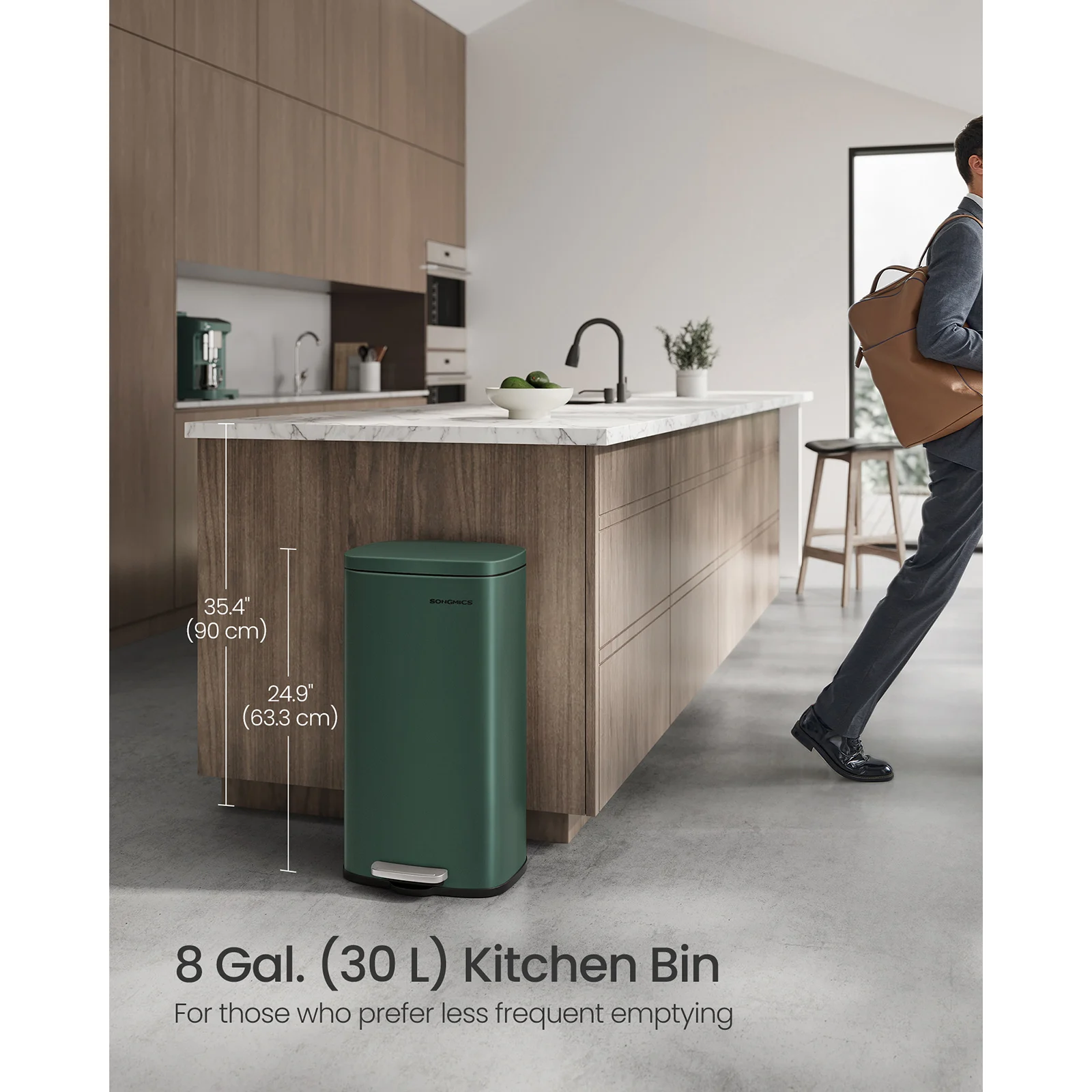 SONGMICS Kitchen Bin 30L, Pedal Bin, Rubbish Bin with Soft-Close Lid and Inner Bucket, Steel